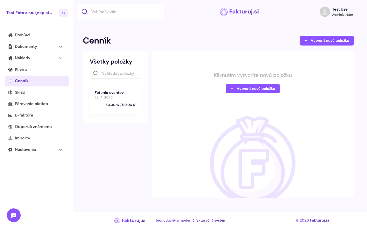 Cenník — zoznam položiek