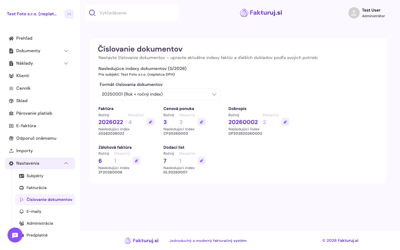 Nastavenie číslovania dokumentov