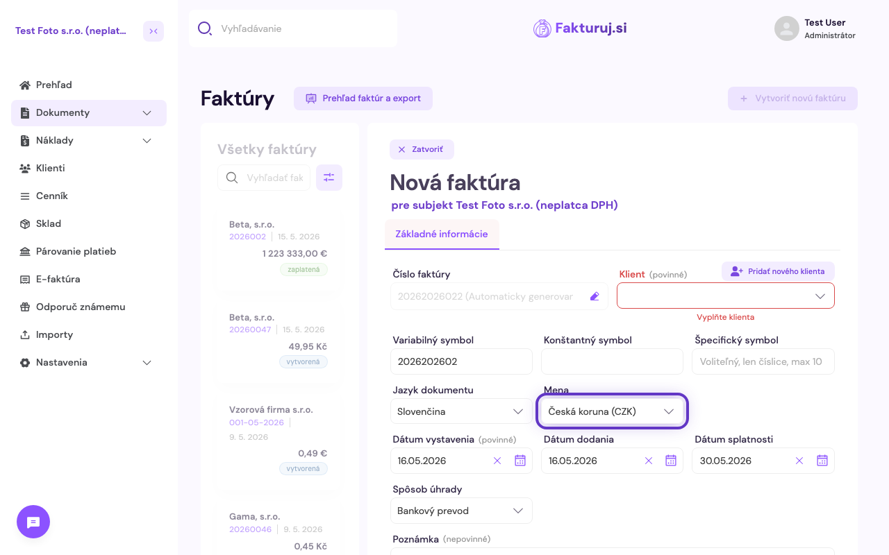Pole Mena pri vytváraní faktúry