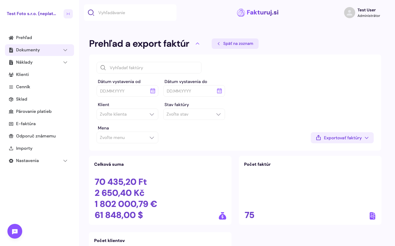 Prehľad a export faktúr