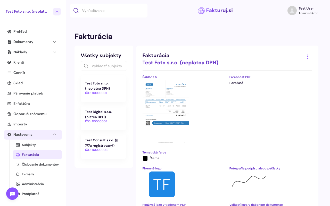 Sekcia Nastavenia → Fakturácia