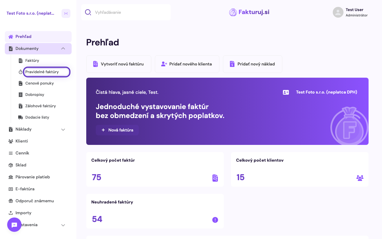 Pravidelné faktúry v podmenu Dokumenty