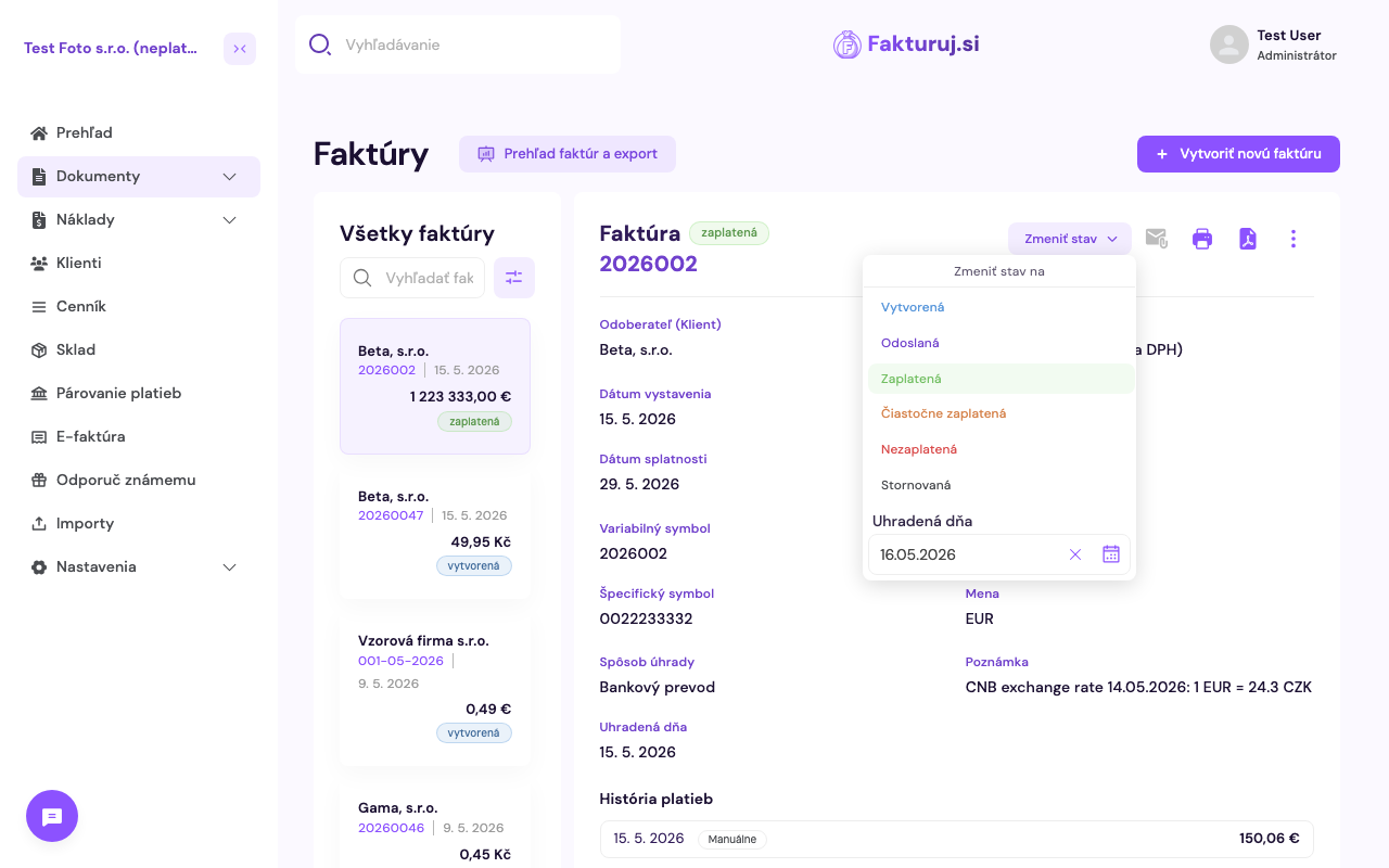 Dropdown Zmeniť stav s možnosťou Zaplatená