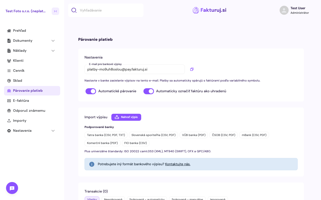Nastavenie párovania platieb