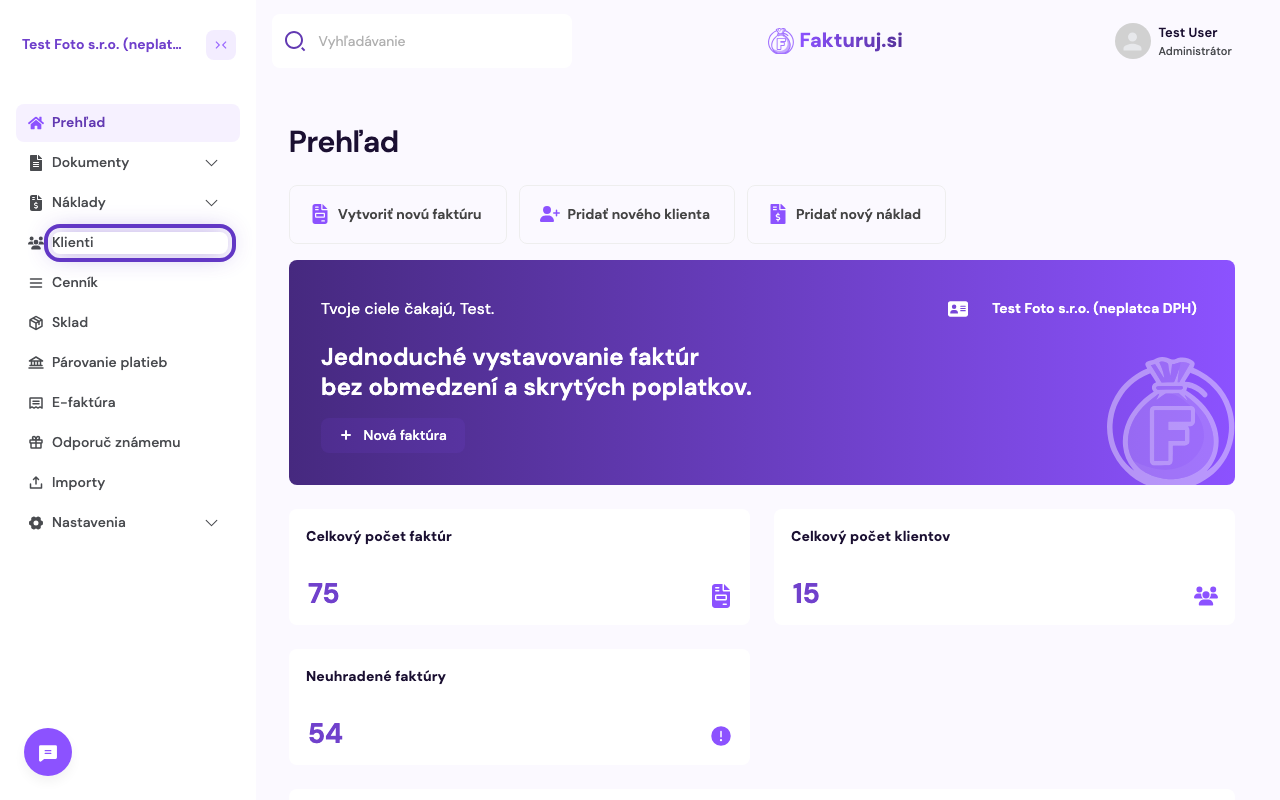 Položka Klienti v ľavom menu