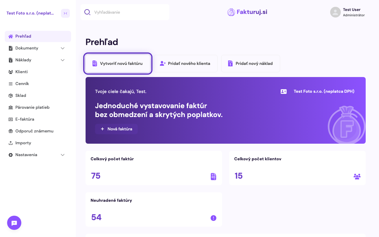 Dashboard s tlačidlom Vytvoriť novú faktúru