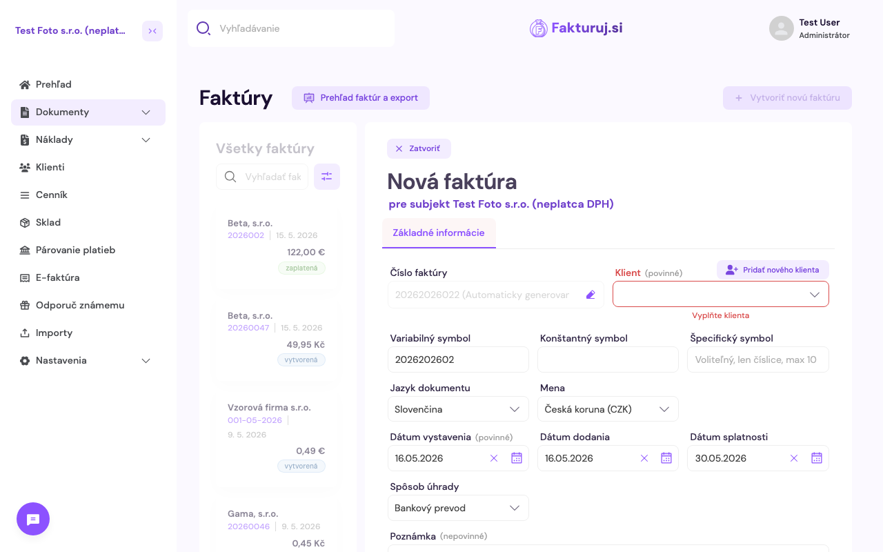 Otvorený formulár novej faktúry