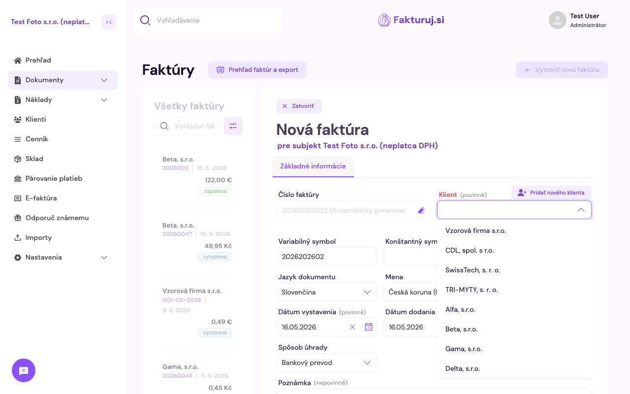 Otvorený dropdown výberu klienta
