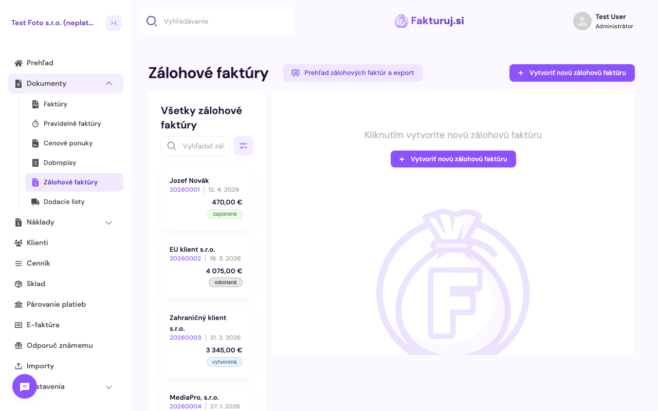 Zálohové faktúry — zoznam